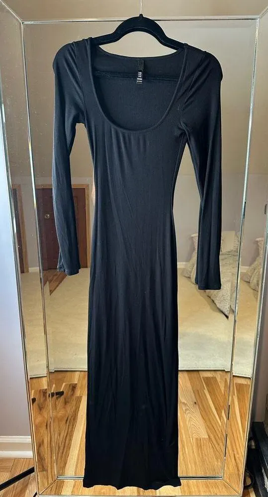 : Black Ribbed Cotton Long Lounge Dress - Image 3