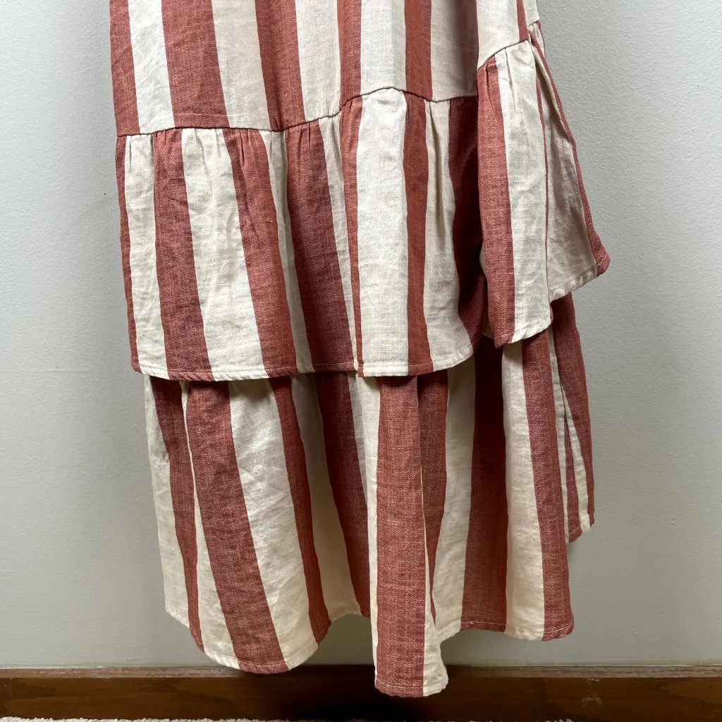 Knox Rose Wrap Dress‎ L Maxi V-Neck Striped Cream Brick Tiered Short Puff Sleeve - Image 10