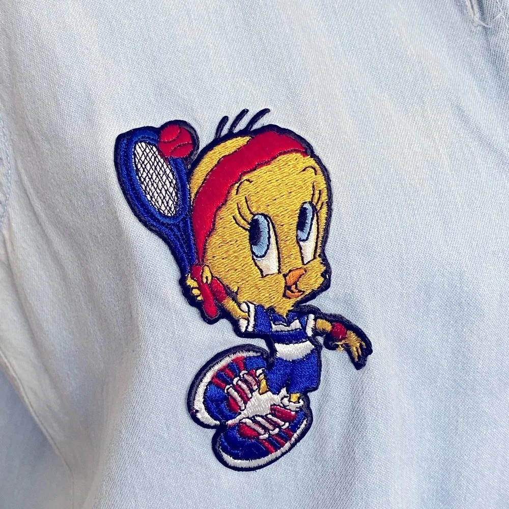 Vintage LOONEY TUNES CMG INC Denim Button Down Sleeveless Shirt / Tweety Bird M - Image 9