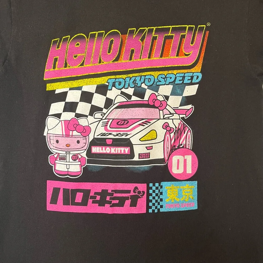 Hello Kitty Black Race Car Tokyo Drift Speed Japanese Graphic Tshirt Size Small - Image 3