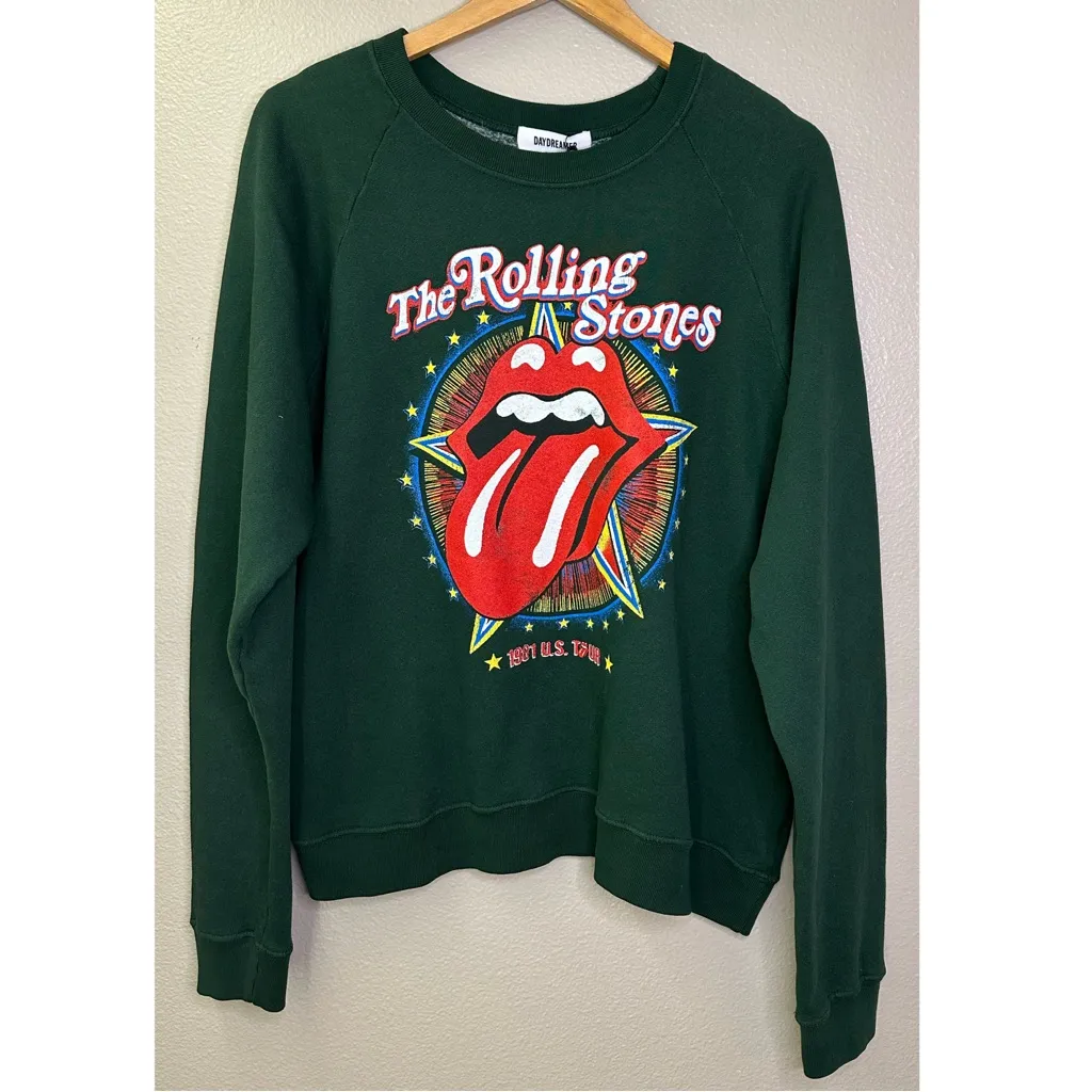 NWT Daydreamer Rolling Stones 1981 US Tour Raglan Hunter Green Crew Sweatshirt - Image 3