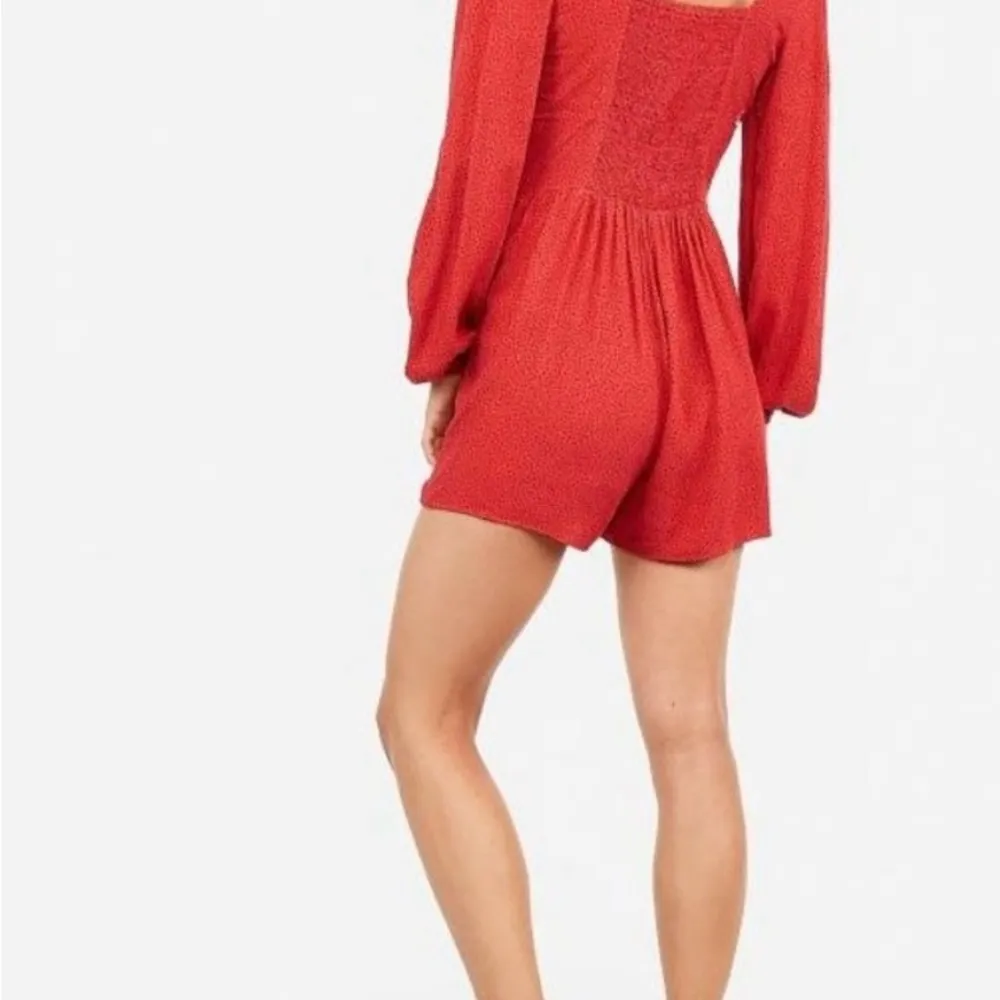 Express Red polka dots long balloon sleeve Button-Front smocked back romper, XXS - Image 3