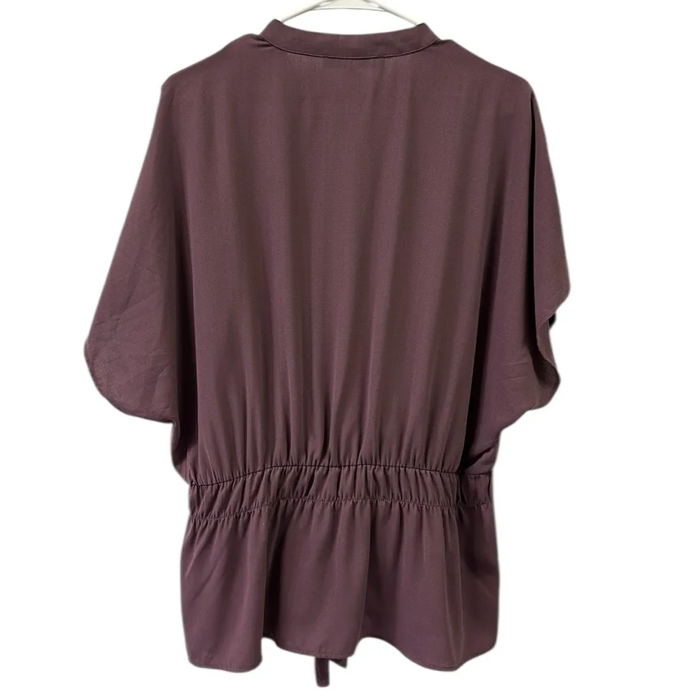 Sweet Rain Purple Peplum Tie Waist Button Up Short Sleeve Split Neck Blouse 1X - Image 9