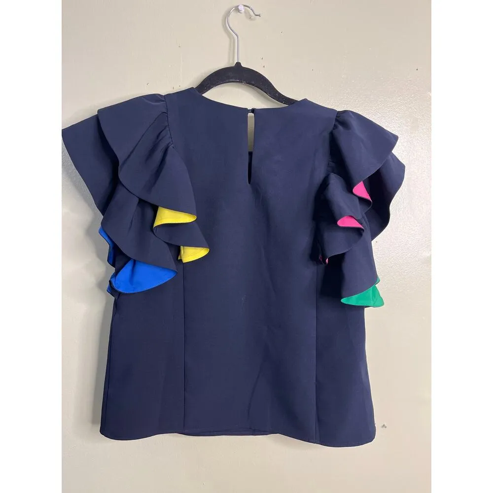 English Factory Navy blue/ colorful ruffle sleeve blouse top, size XS, MSRP $95 - Image 3