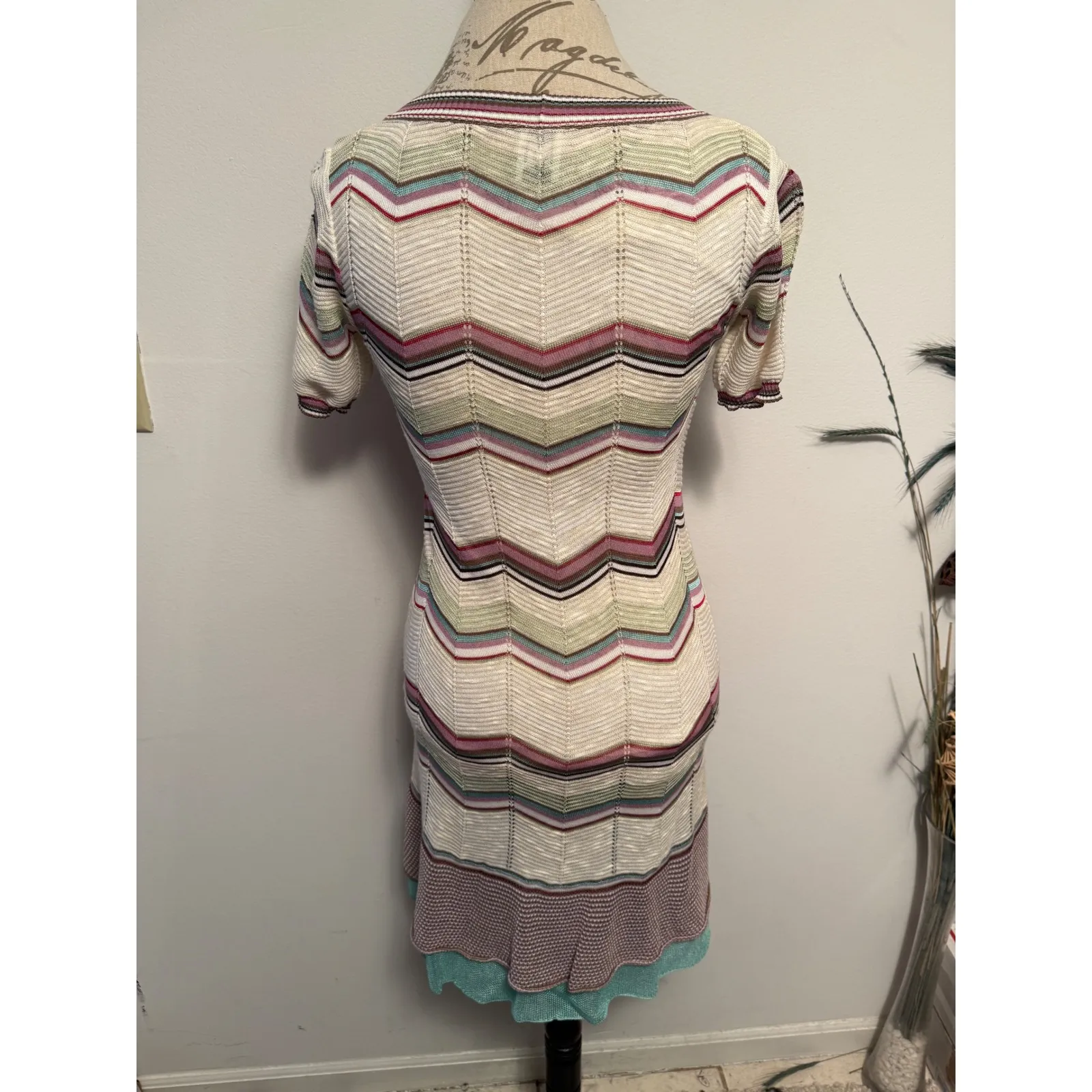 M Missoni Knit Dress Chevron Stripe Multicolor Short Sleeve Italy - Image 3