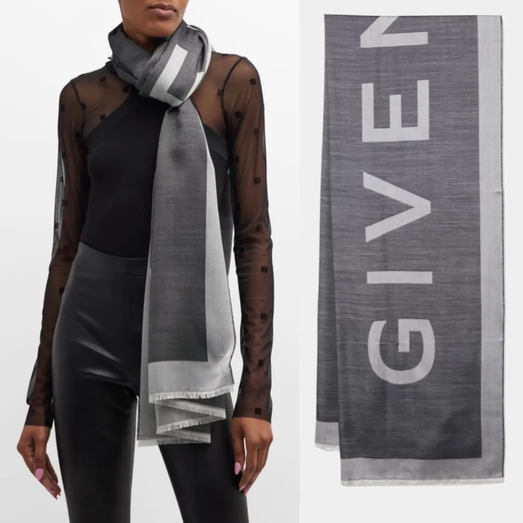 Givenchy Block Logo Silk & Wool Oblong Scarf Gray Charcoal NWT - Image 2