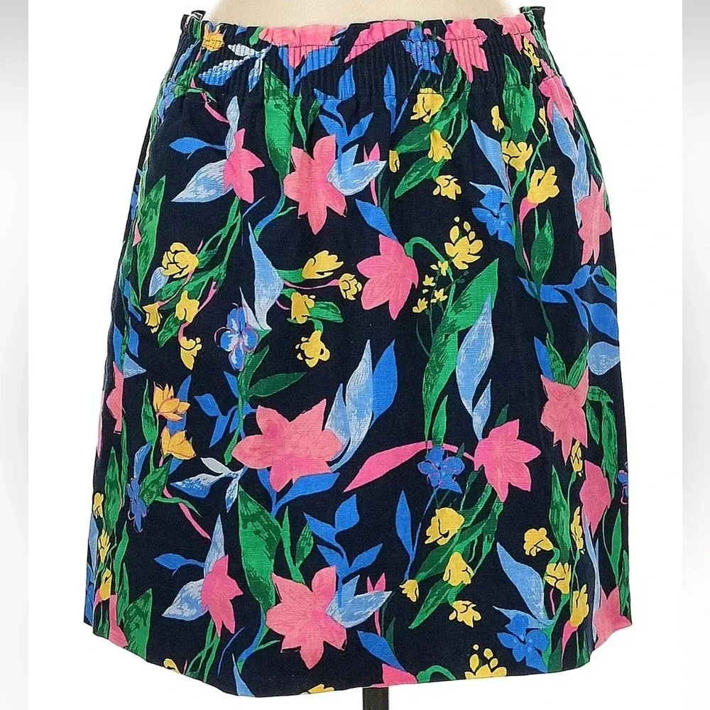 J. Crew Women's Linen Blend Navy Blue Pink Floral Elastic Waist Skirt Size 8 M - Image 3