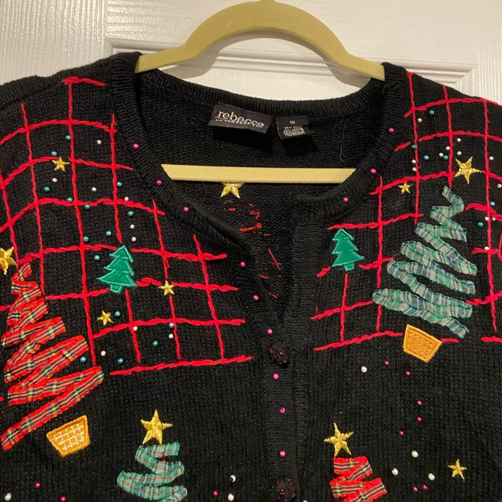 Rebecca Malone Size 1X Cotton Ramie Embellished Vintage Christmas Tree Cardigan - Image 4