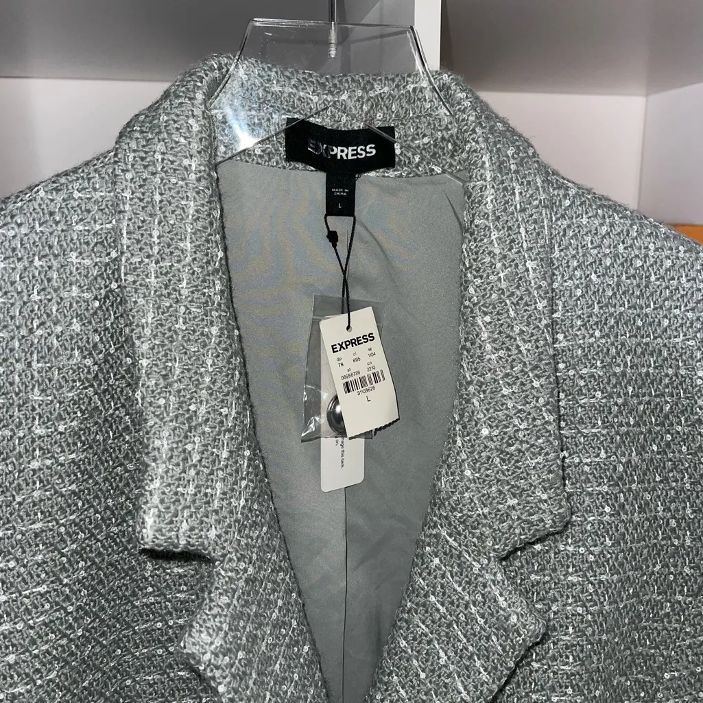 Express Tweed Metallic Cropped Button Front Blazer in Olive Silver Details - Image 15