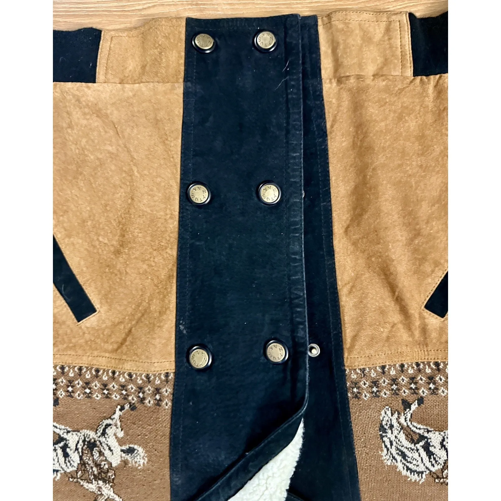 Vintage Leather Bomber Jacket L Western Horse Rider Sherpa Collar Wool Coat Black Size L - Image 7