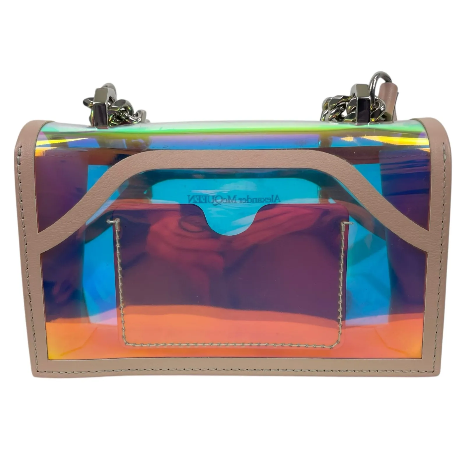 Alexander McQueen Mini Jewelled Crossbody Bag Holographic Pink PVC Leather - Image 6