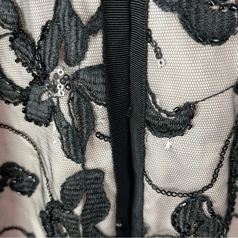 ELIZA J Nude Black Lace Overlay Sequin Beaded Sheer Elbow Length Sleeves Dress 8 - Image 6