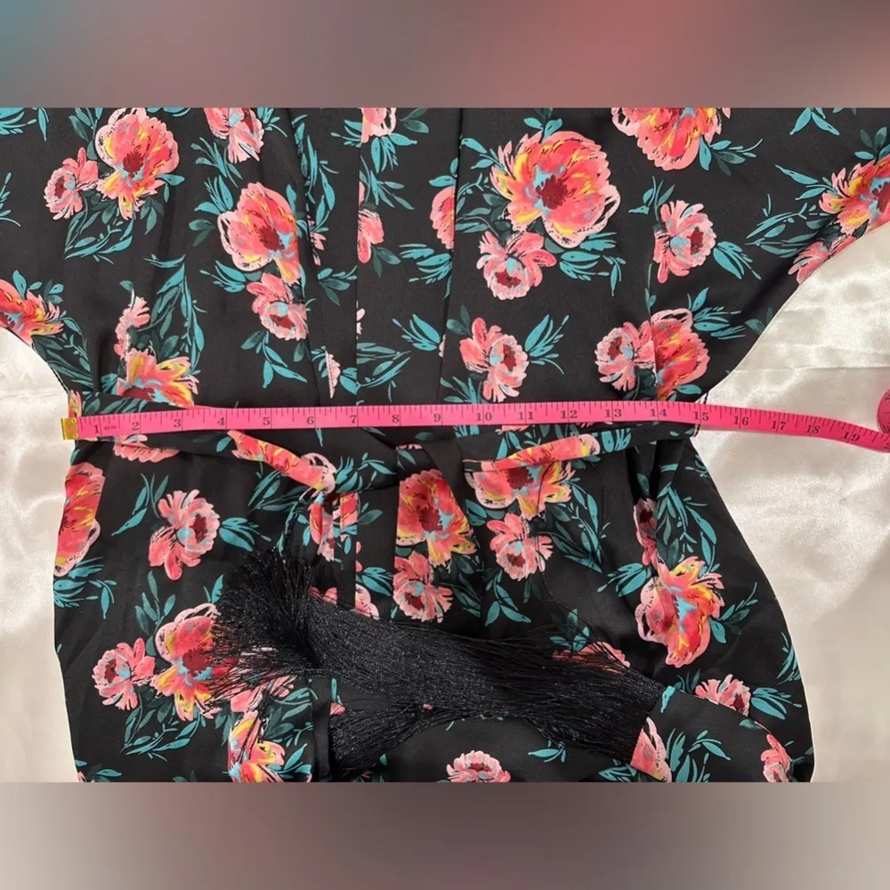 NWT Misa Los Angeles Robe Size XS Black Satin Floral Caftan Duster Fringe Boho - Image 14