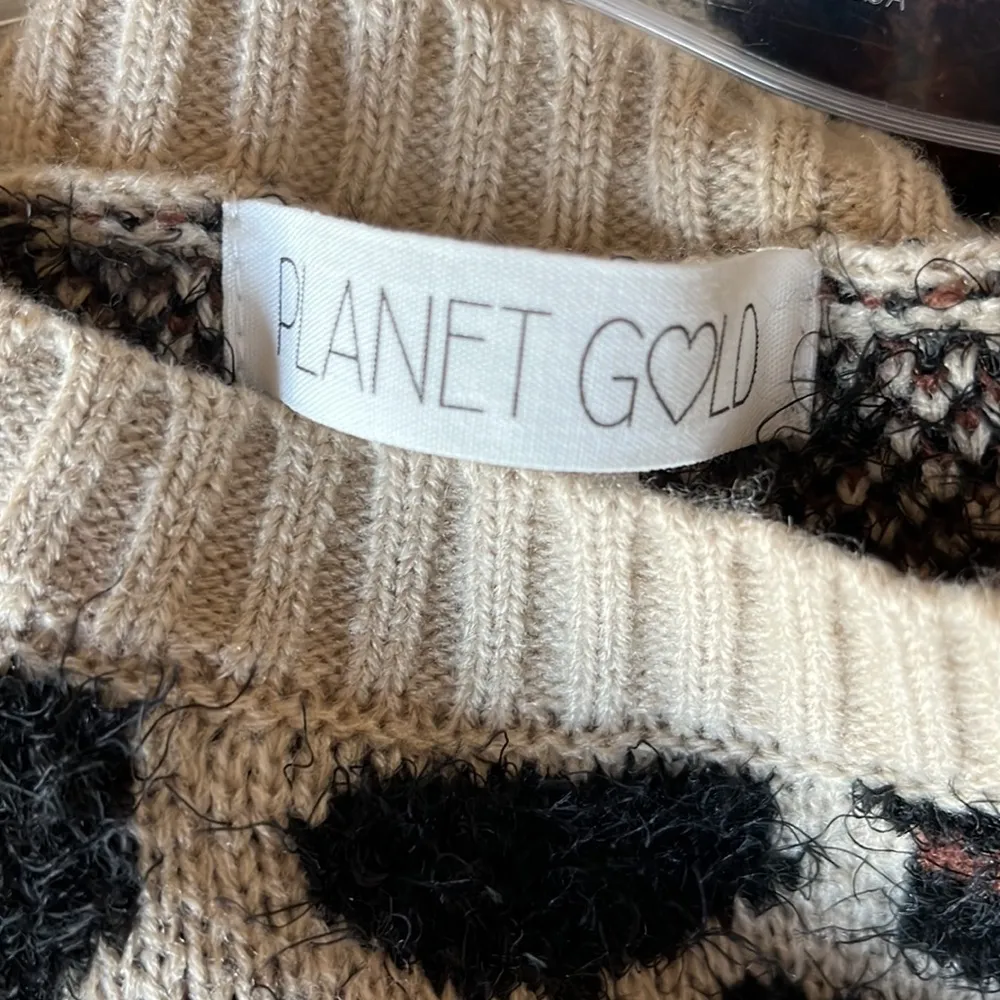 Sweater Planet Gold Leopard Print Brown Crewneck Womens Small - Image 9