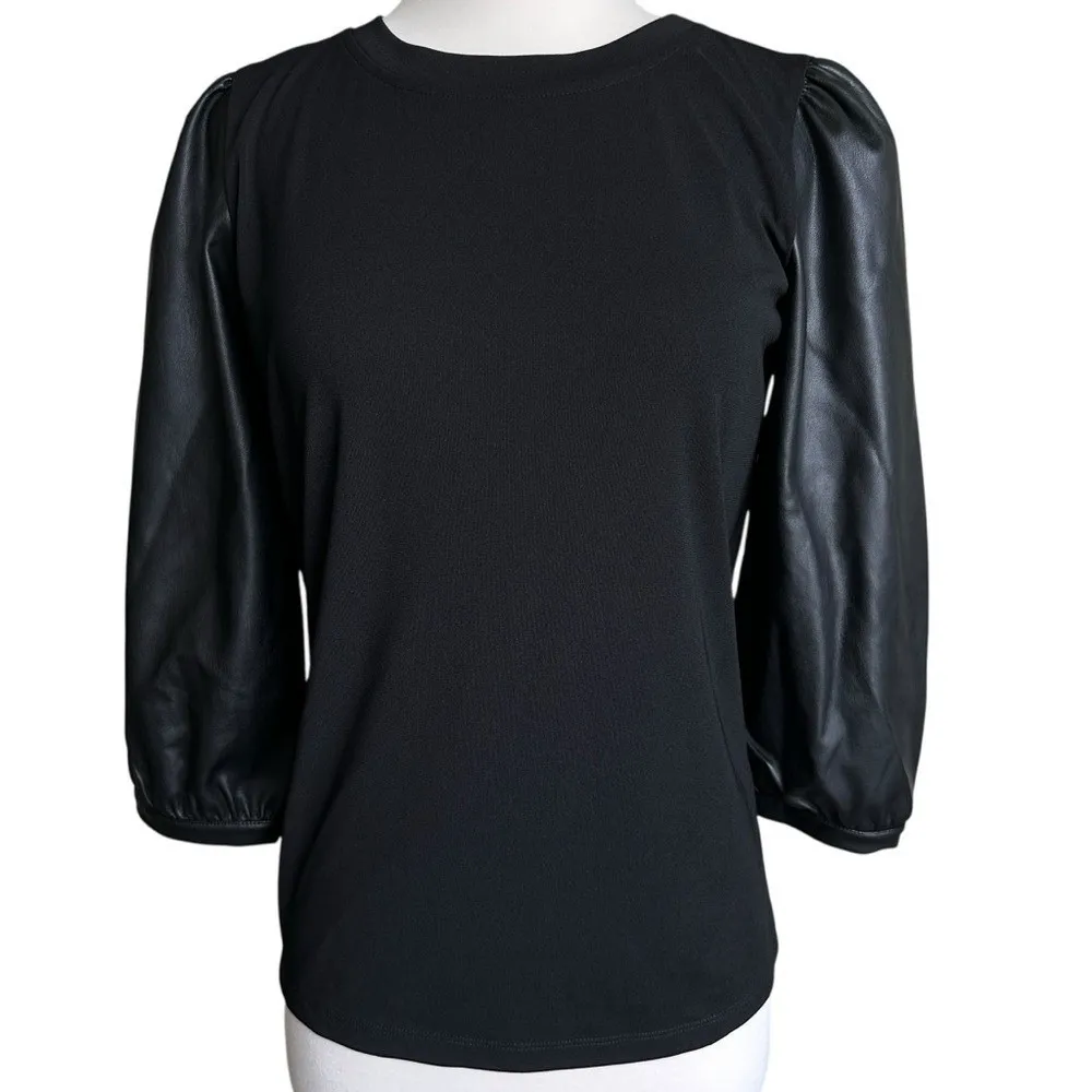 NWT Karl Lagerfeld Faux Leather 3/4 Puff Sleeve Blouse Black XS‎ Edgy Glam Chic - Image 2
