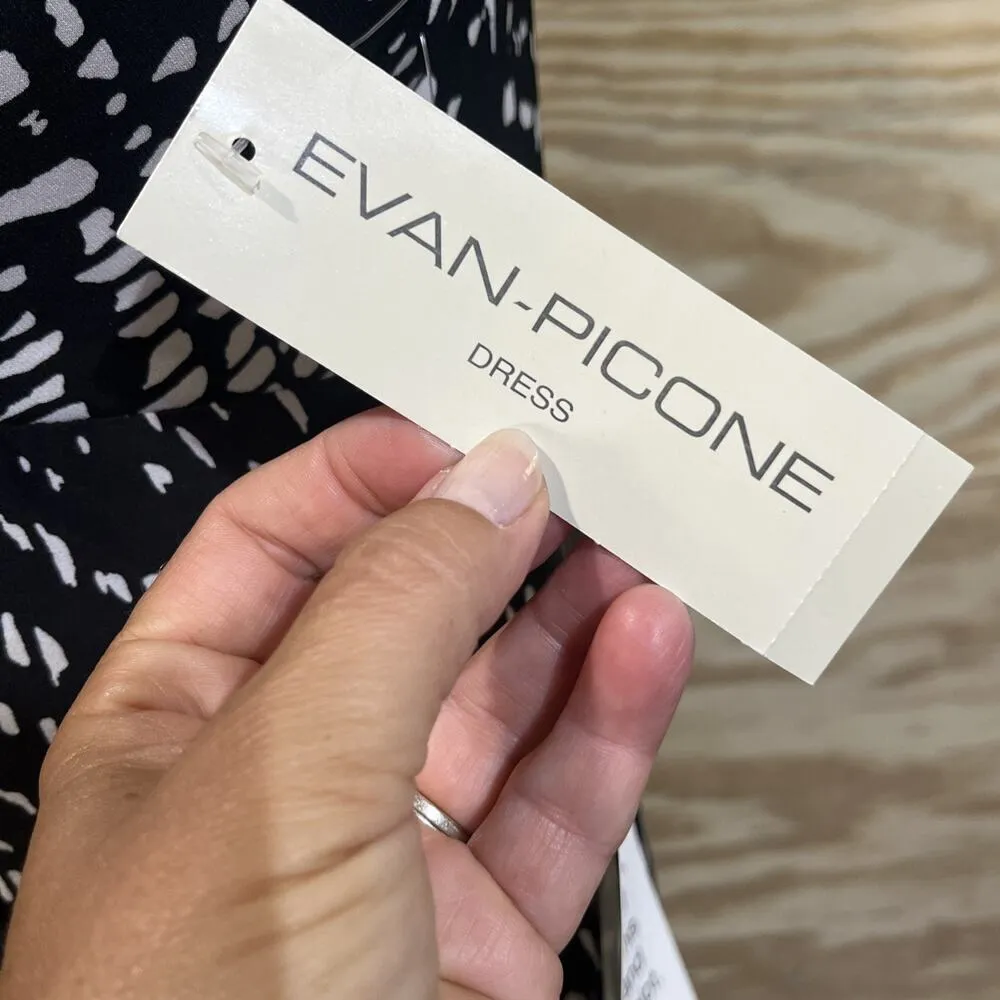 Evan Picone Babydoll Midi Dress Black Size 8 Artsy Print Resort Y2K Stretch - Image 10