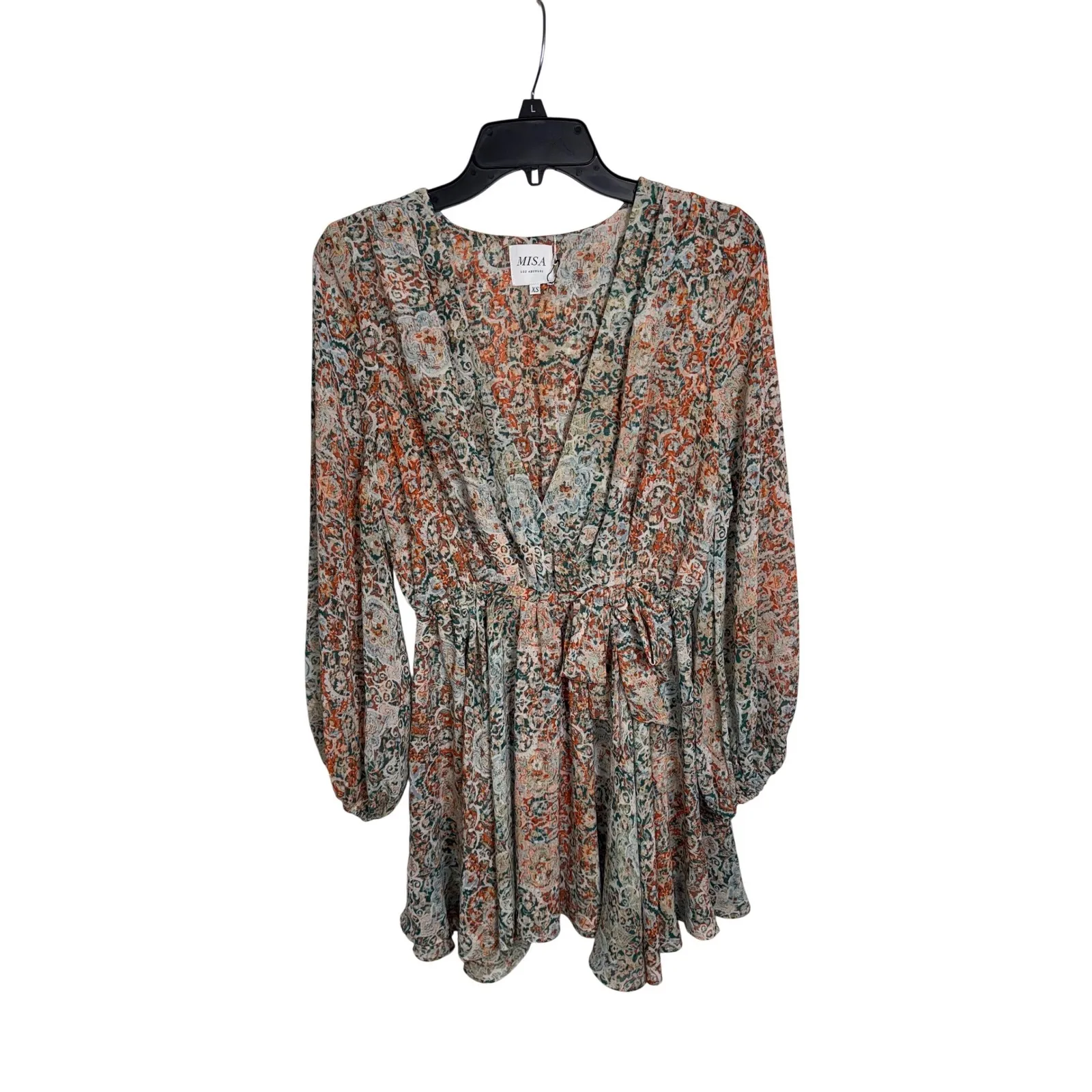 MISA Los Angeles Floral Barroco Print V Neck Long Sleeve Belted Mini Dress XS - Image 3