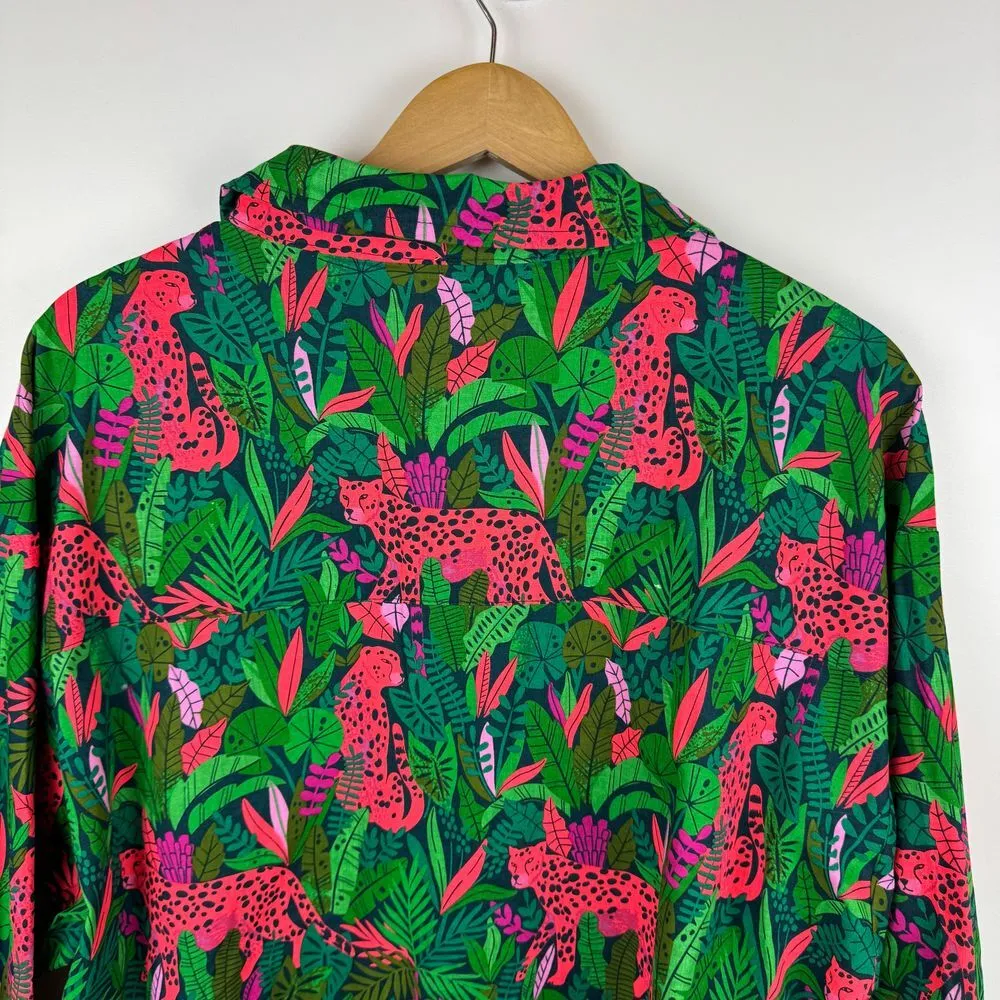 NWT Palms Away Red Dress Linen Blend Button Up Shirt Sz L Leopard Tropical Green Size L - Image 5