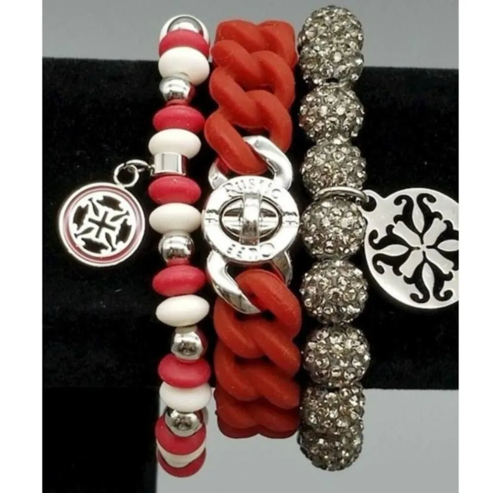 Rustic Cuff Red, White , & Silver Beads Stretch Bracelet Stackable logo charm - Image 2