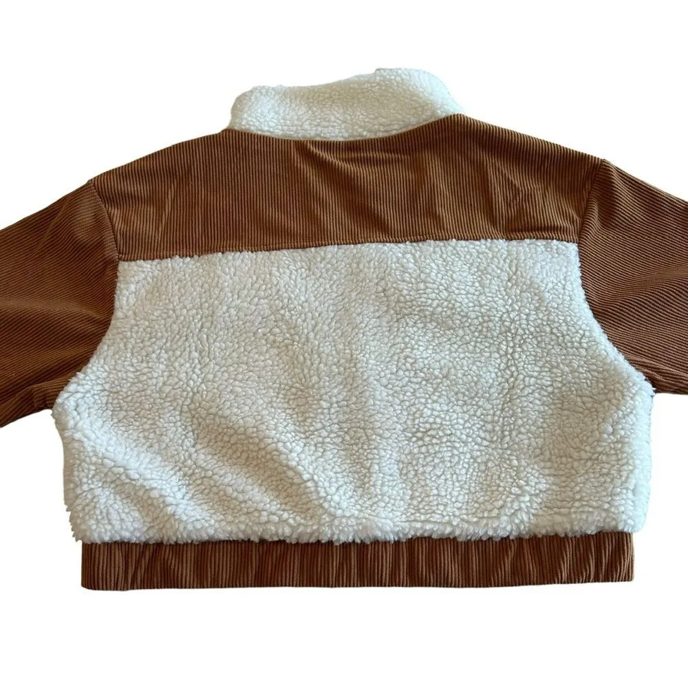 HYFVE  Women’s M Cropped Mixed Media Jacket Sherpa Corduroy Brown Cream Fall - Image 4