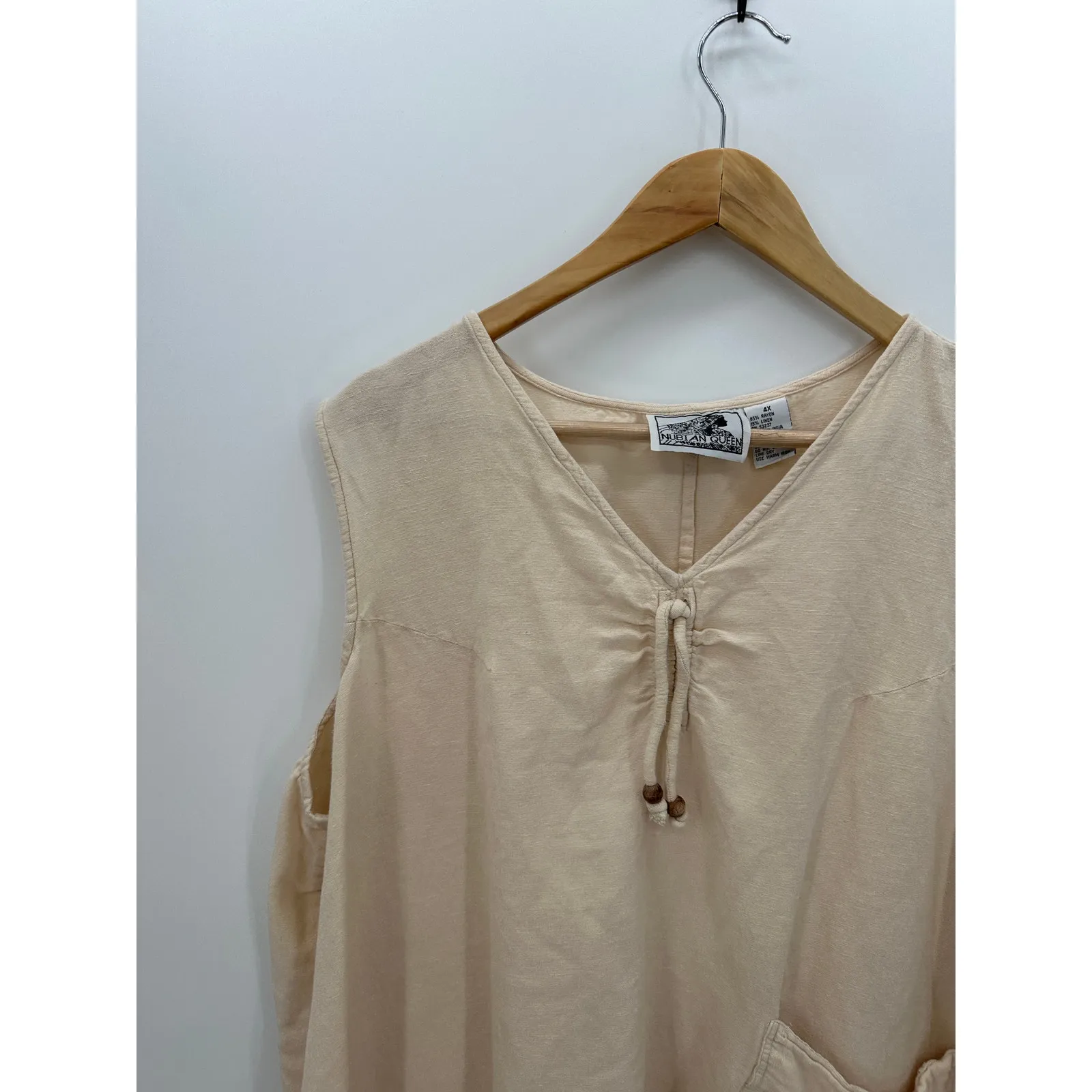 Nubian Queen Tank Women 4X Cream Rayon Linen Lagenlook Boho Fringe Pocket Shirt - Image 4