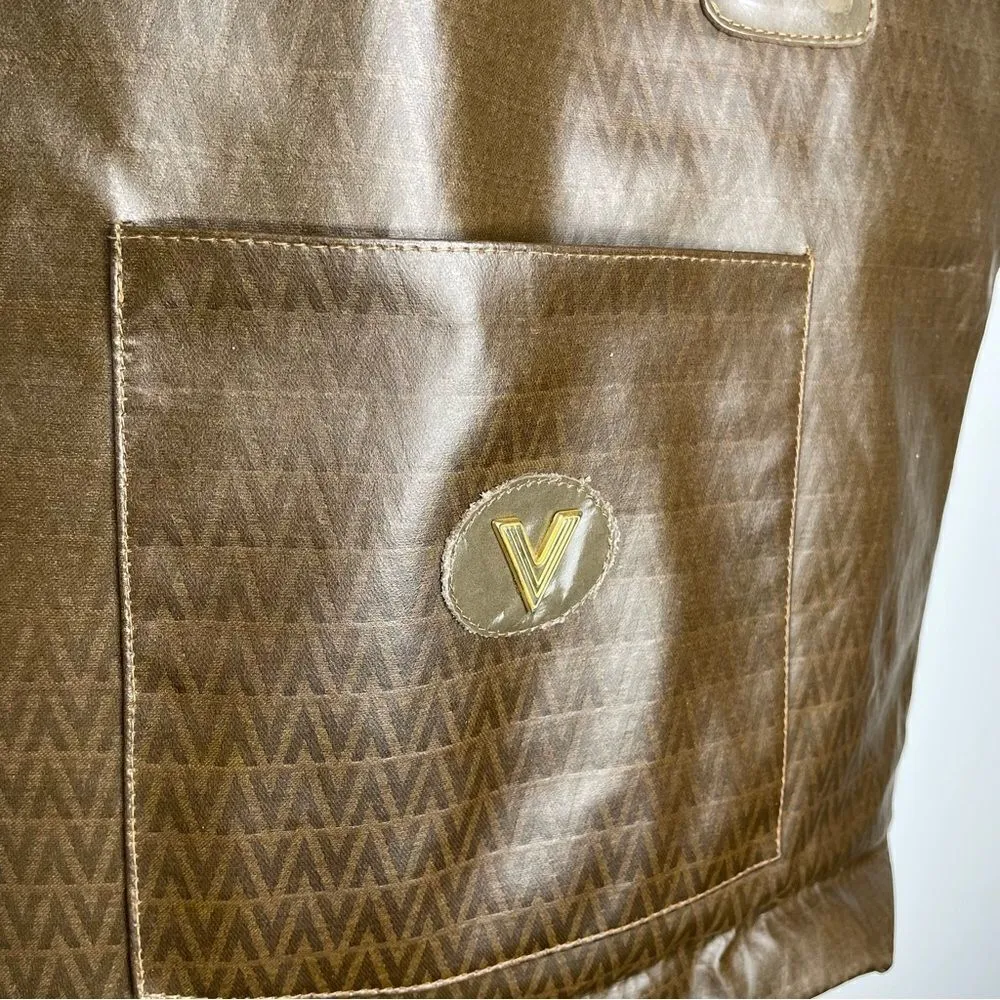 Valentino Vintage Large Coated Canvas Brown Bag Shoulder Purse V Logo Print - Image 2