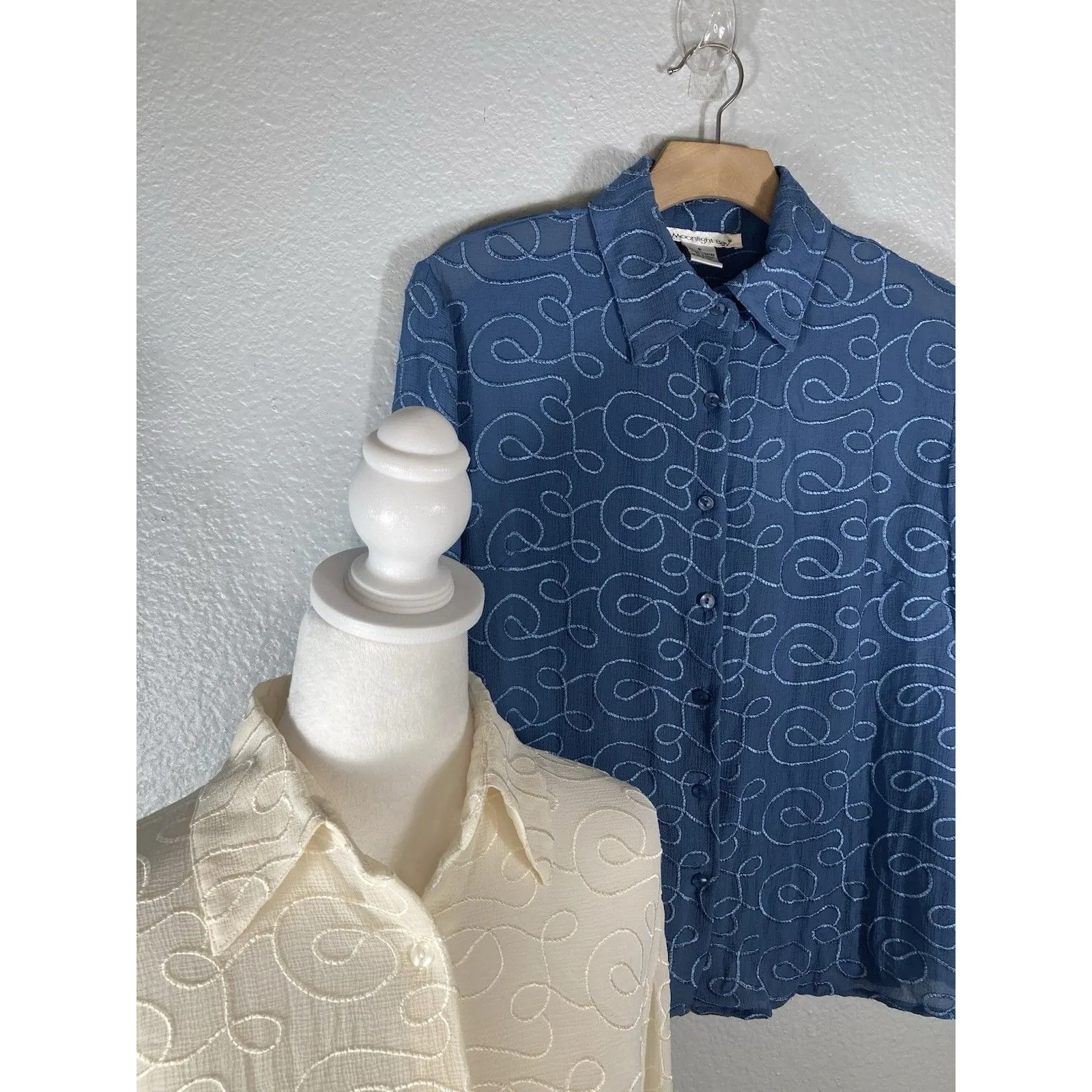 Lot of 2 Moonlight Bay Women S Blouse Top Semi Sheer Cream Blue Whimsical Career - Image 2