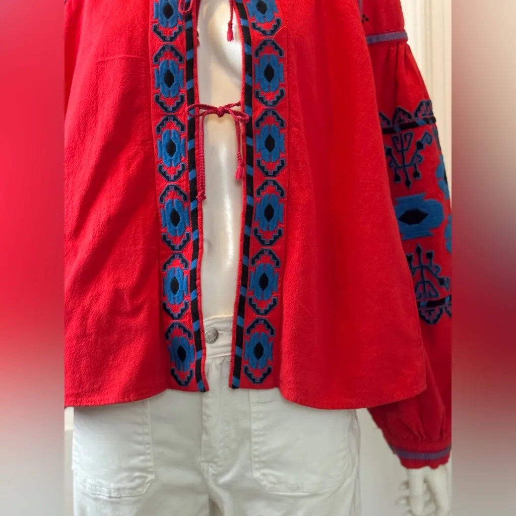Free People Linen/Cotton Blend Vibrant Red Bohemian Jacket Blue Floral Accents L - Image 4