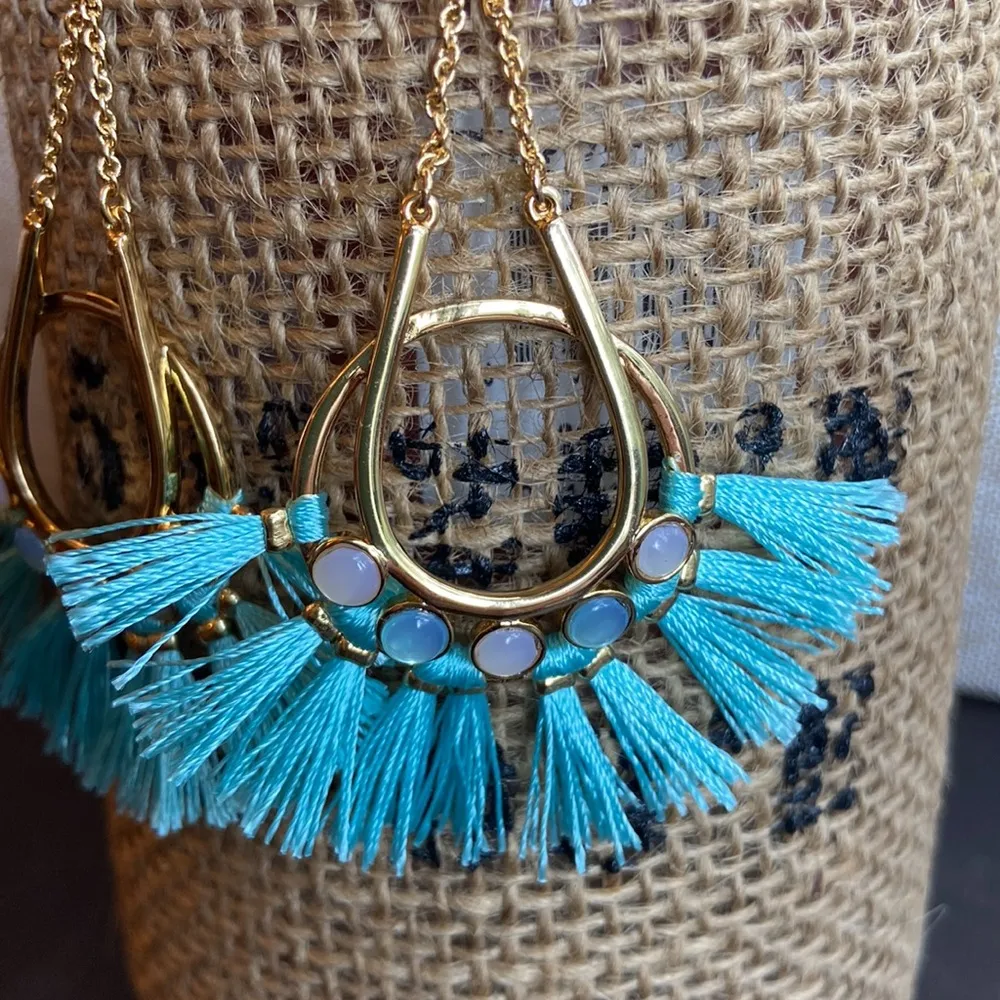 NEW! REBECCA MINKOFF BOHO Gold & Turquoise Fringe Tassel Dangle Earrings - Image 4