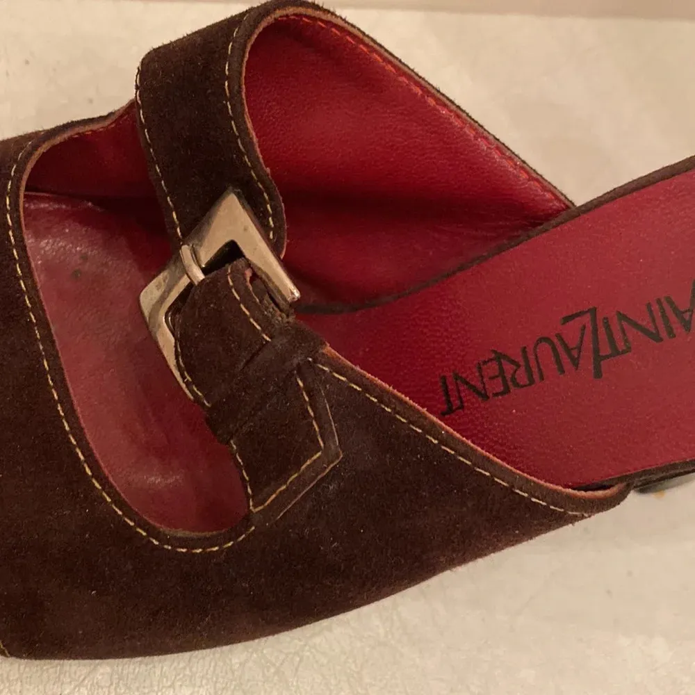 Yves Saint Laurent Brown Suede Vintage Square Toe Buckle Sandal Heel Pumps Size 6 - Image 9