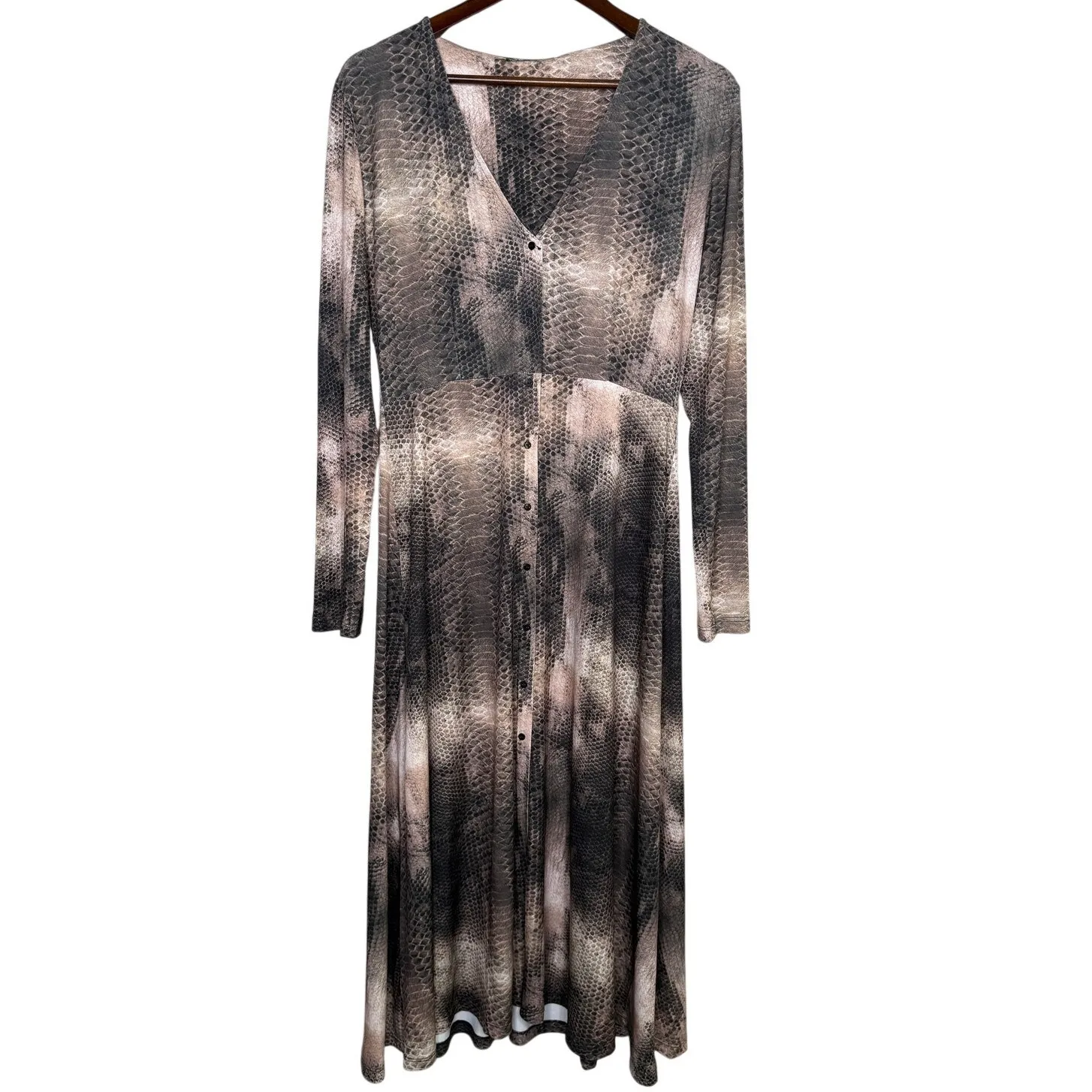 Zara Snakeskin Long Sleeve V Neck Button Down Midi Dress Stretchy M Beige Brown - Image 2