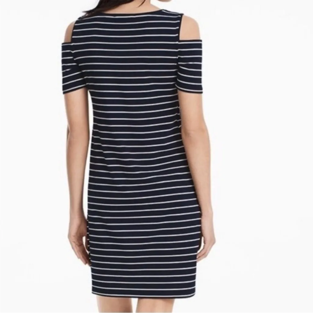 NWT White House Black Market Cold Shoulder Stretch Dress Black White Medium - Image 2
