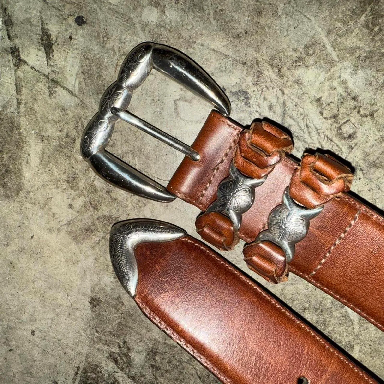 Vintage Brown + Silver Leather Belt - Image 2