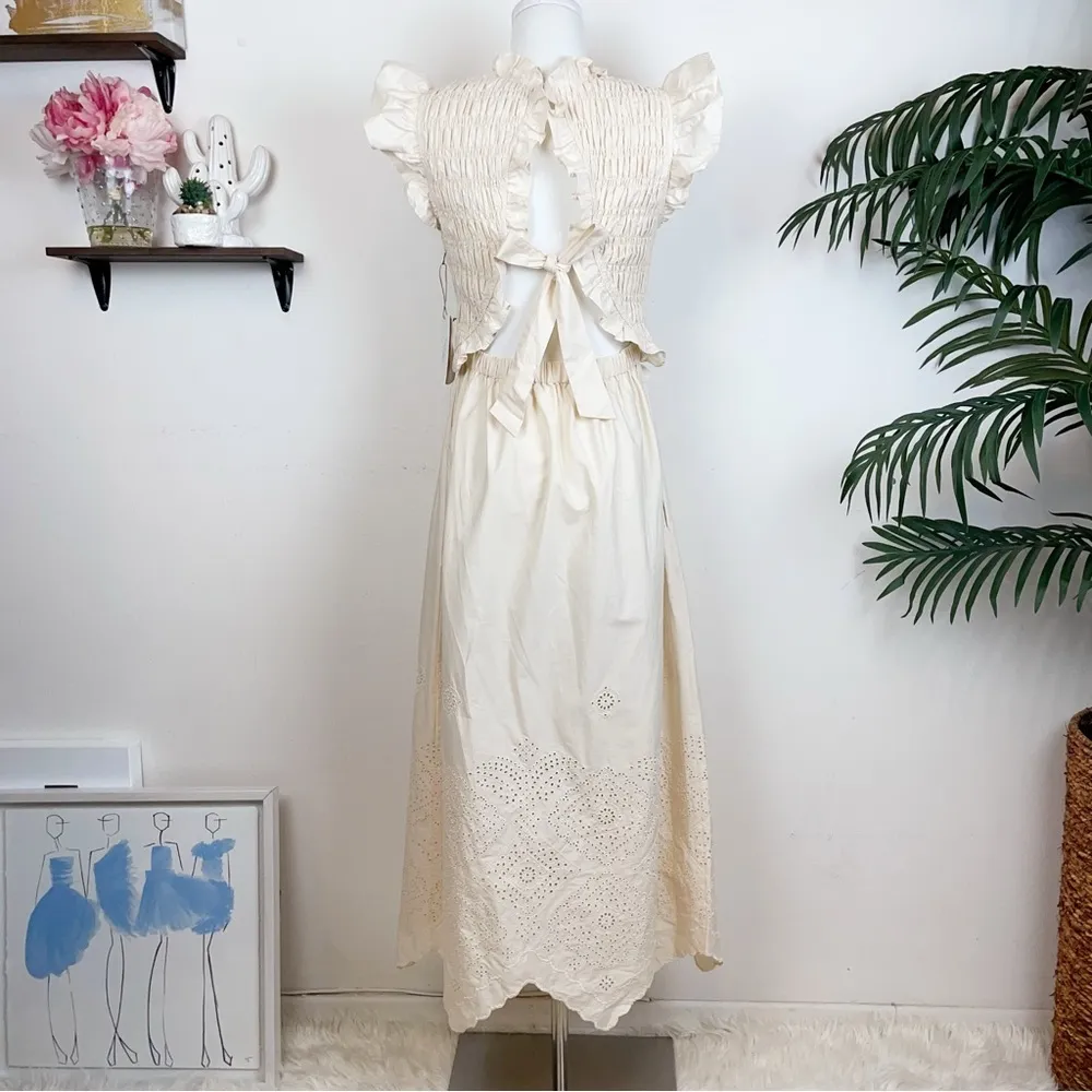 Moon River Ruffled Smocked Eyelet Midi Dress in Cream - Image 8