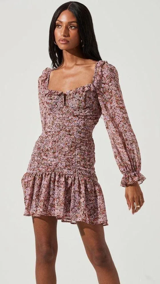 NWOT ASTR The Label Carmella Floral Ruched Mini Dress in Purple Multi Size L - Image 3