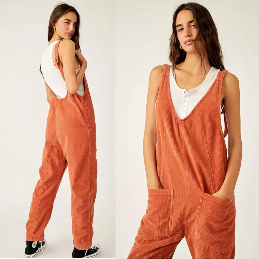 Free People Bohemian High Roller Cord Jumpsuit Oversized Small Wide Leg Fall 70s - Image 2
