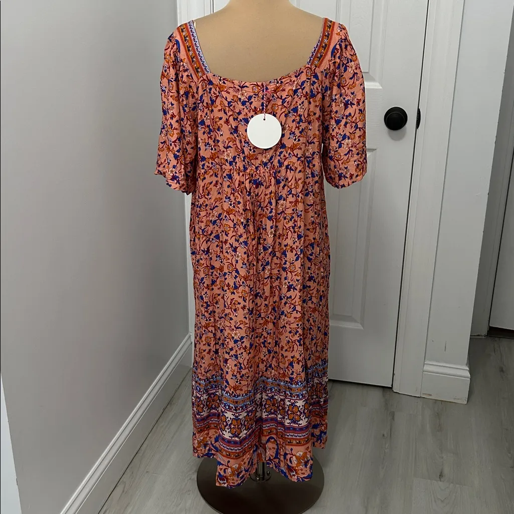 Umgee Boho Orange Blue Floral Midi Dress - Image 3