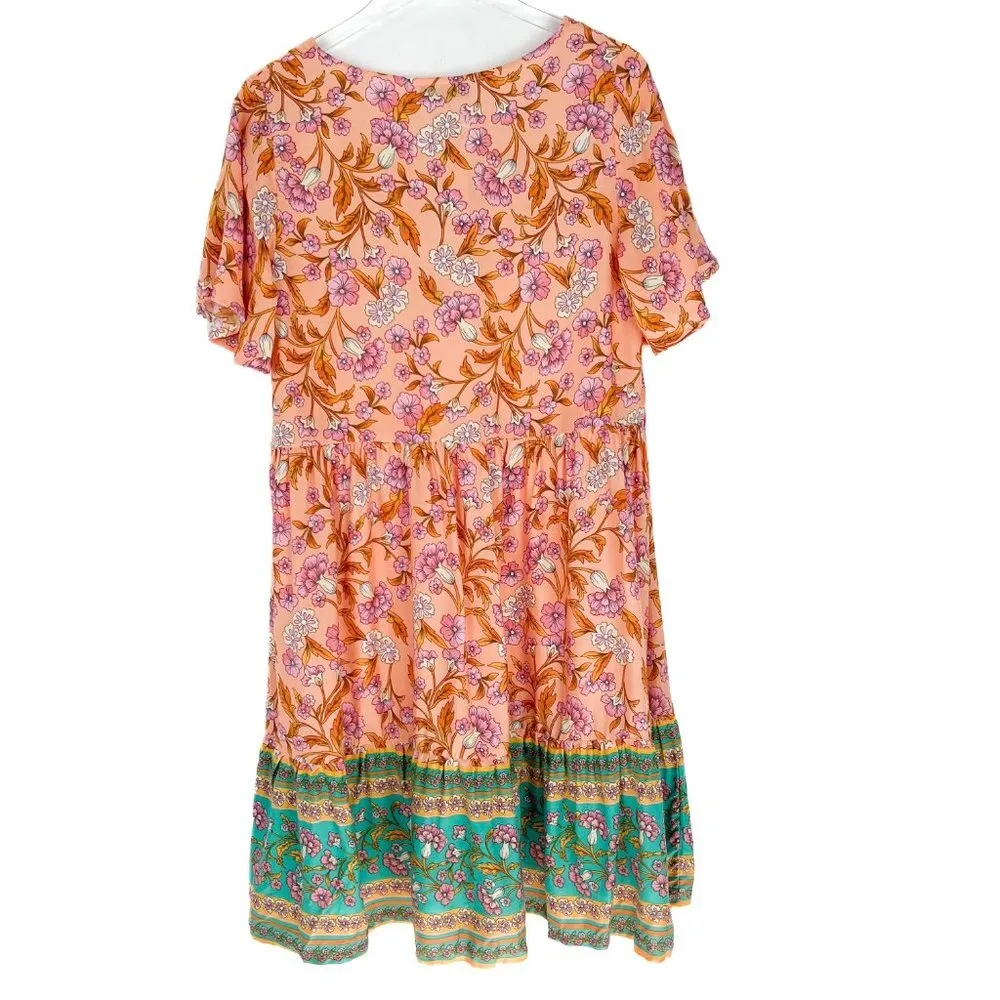 NWT  Floral Tiered Boho Dress Orange Short Sleeves Size Small S NEW T1724 - Image 10