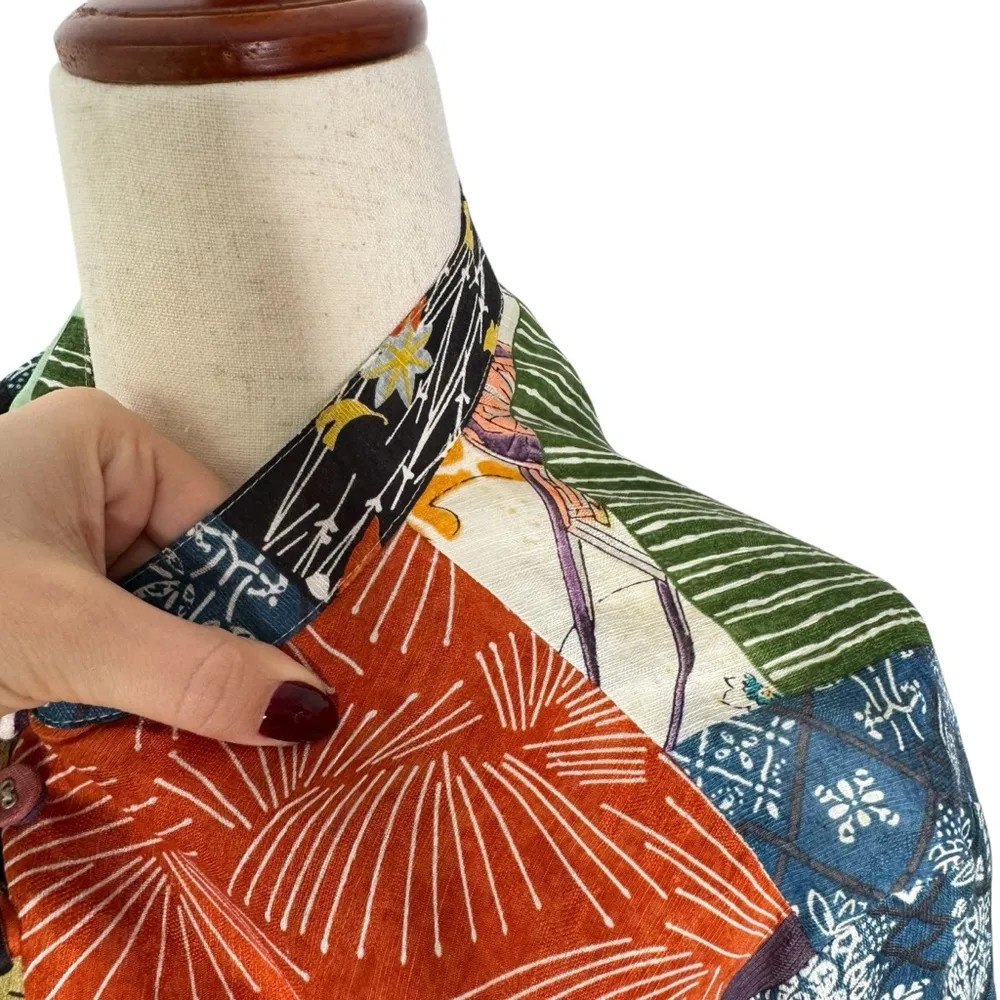 Citron Santa Monica Patchwork Asian Print Button Front Top - Image 6