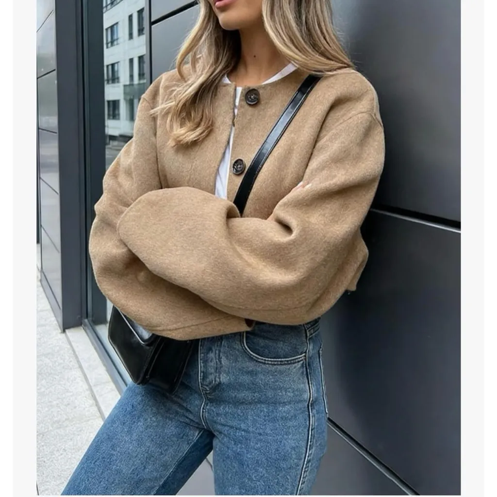 Chartou | Brushed Wool Blend Peacoat Button Down Crop Jacket Tan Size XL - Image 3