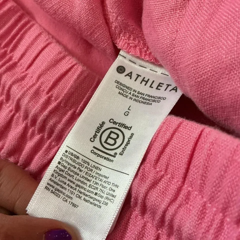 Athleta Pink Linen Blend Drawstring Wide Leg Pants Women's Size L Casual Comfort - Image 3