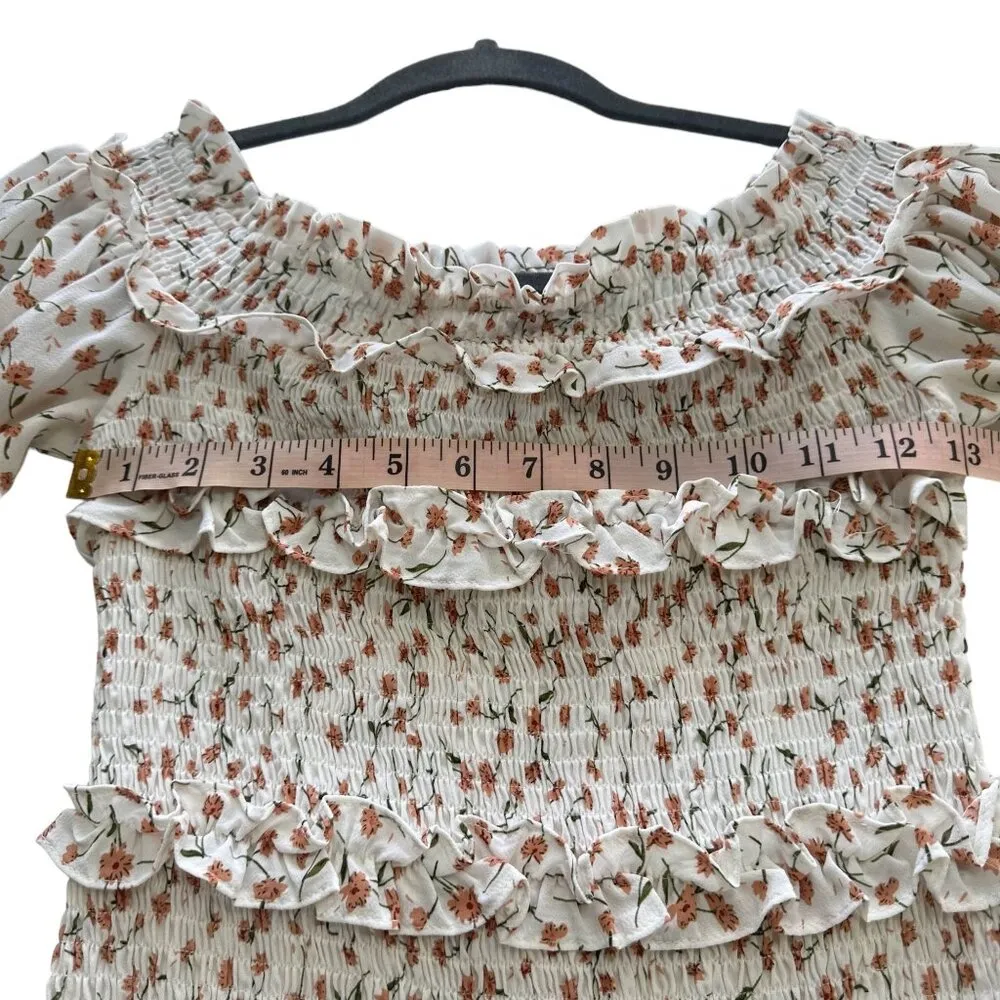 SABO SKIRT Shirred Lule Ruched Dress Sz‎ S Floral Tiered Off The Shoulder Ruffle - Image 5