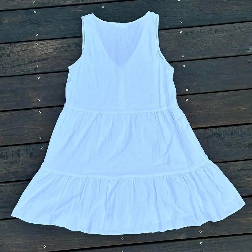 White Linen Mini Dress Babydoll Dress w/ Button - Image 5