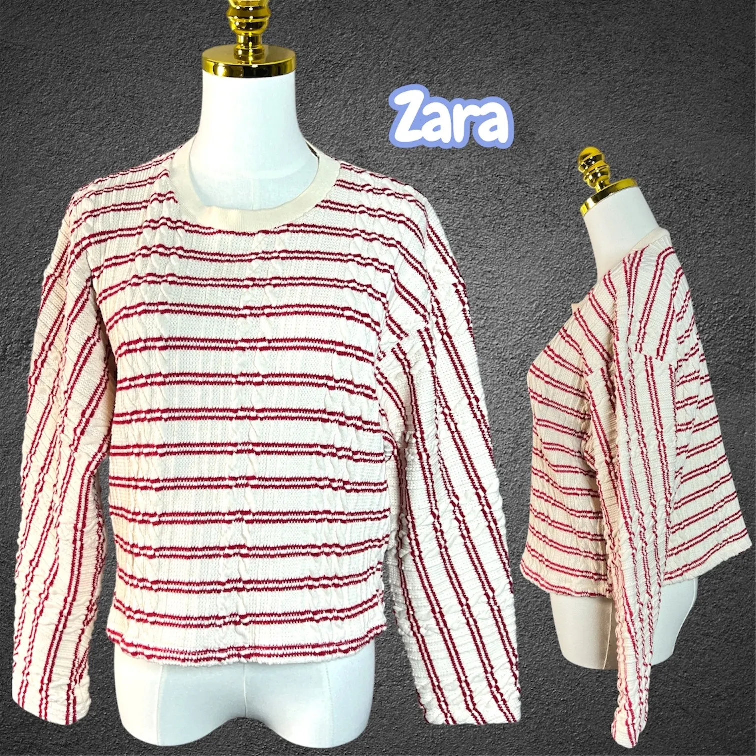 Zara Striped Textured Knit Cropped Sweater Long Sleeve Women's Size L - Image 2