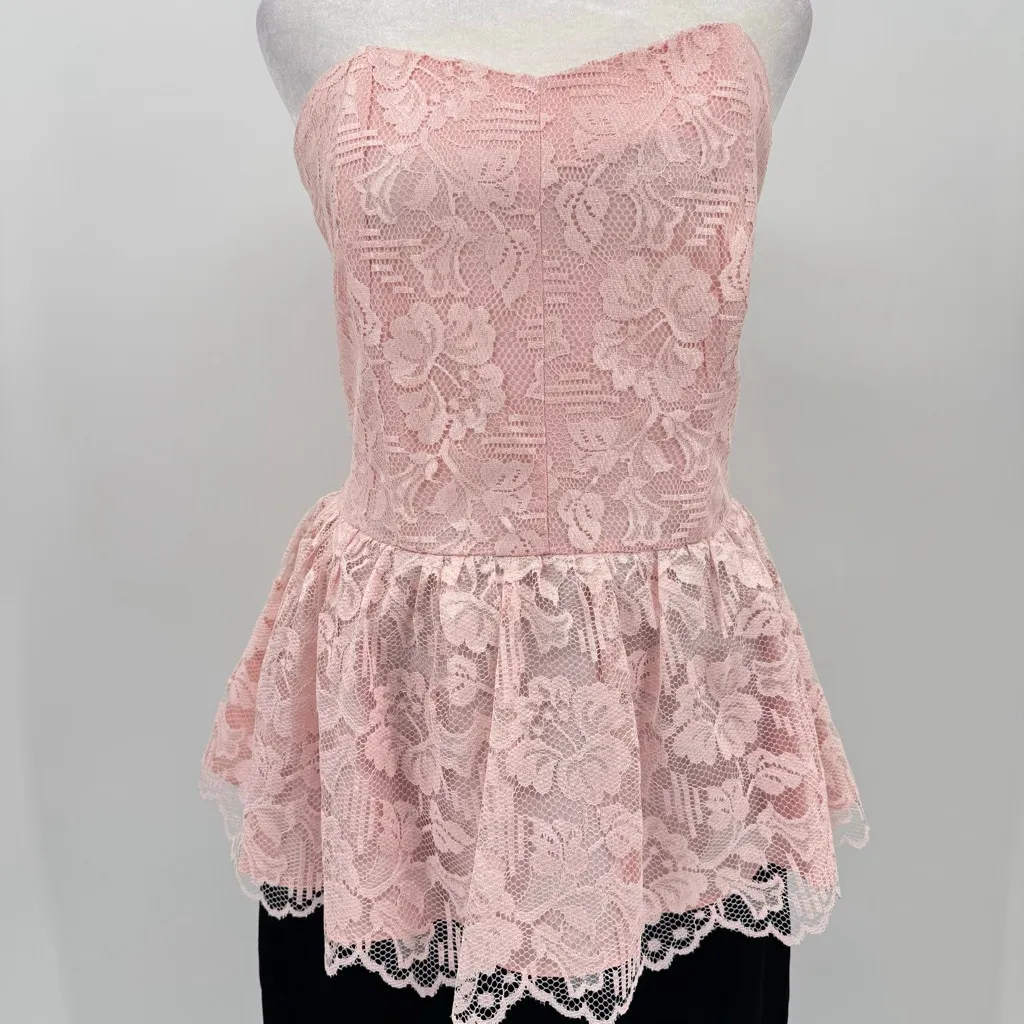 Vintage 80s Strapless Formal Dress Pink Lace Peplum Velvet Skirt Made in USA Size M - Image 4