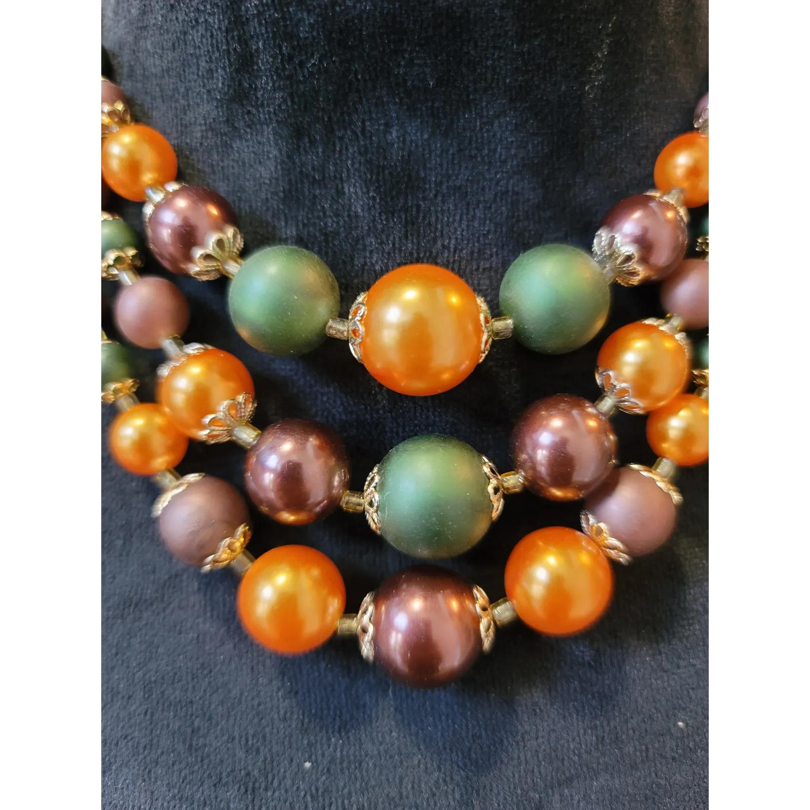 Women's Triple Strand Bead Necklace With Adjustable Hook Clasp Fall Colors Gold - Image 3