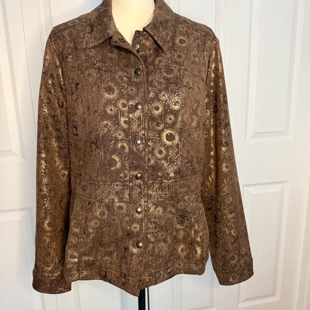 Coldwater Creek Metallic Gold & Bronze Abstract Print Jacket Blazer Size 14 - Image 2