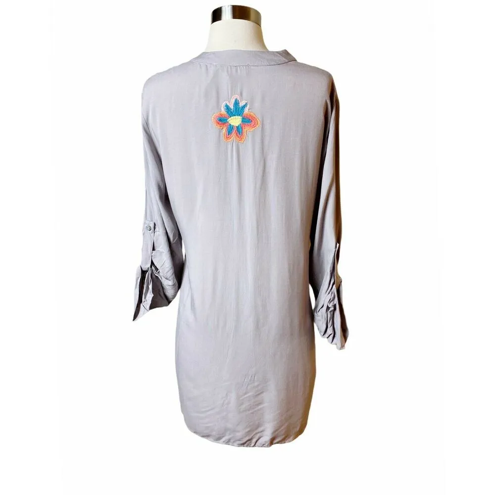 LUNA MOON Gray Floral Embroidered Blouse Peasant Top 3/4 Sleeve Small NWT ANTHRO - Image 4