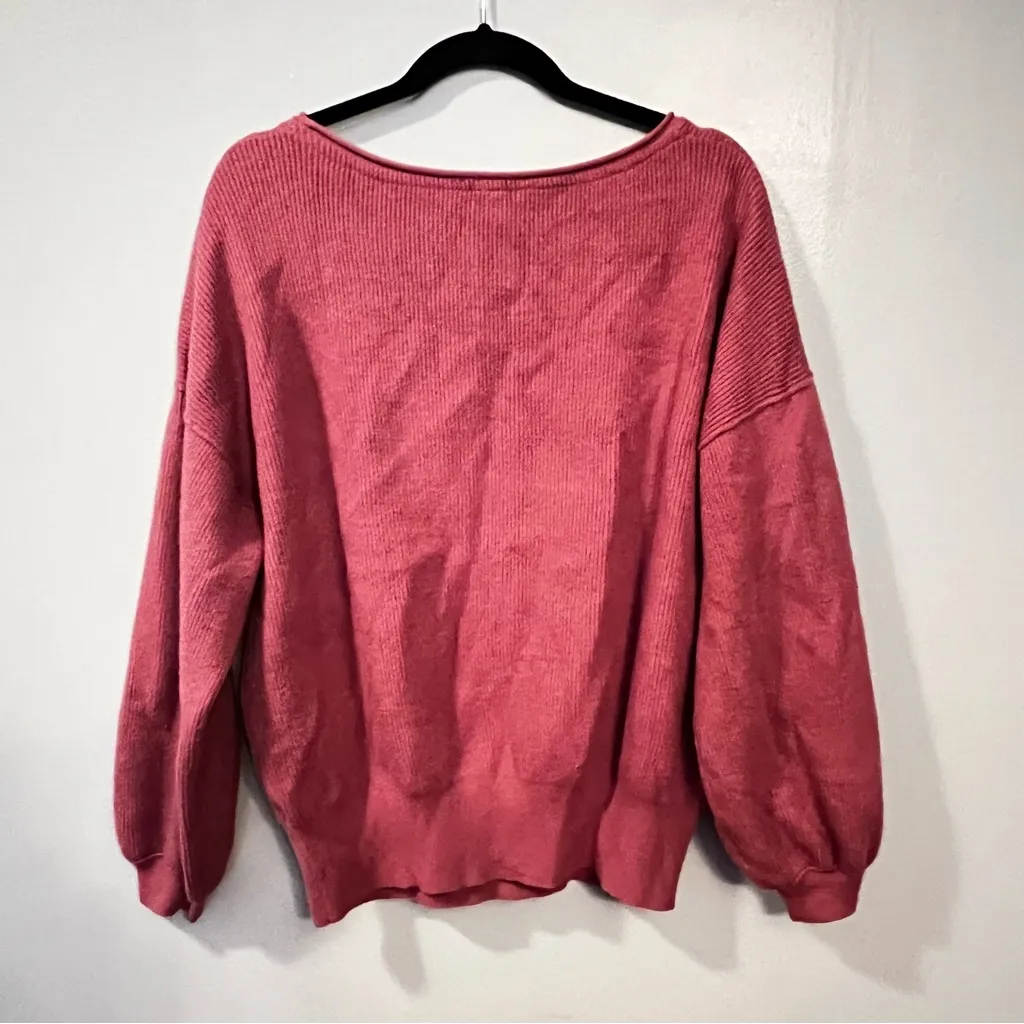 Free People Shadow Crew Balloon Sleeve Sweater Pink Ribbed Knit Boho Size M - Image 6