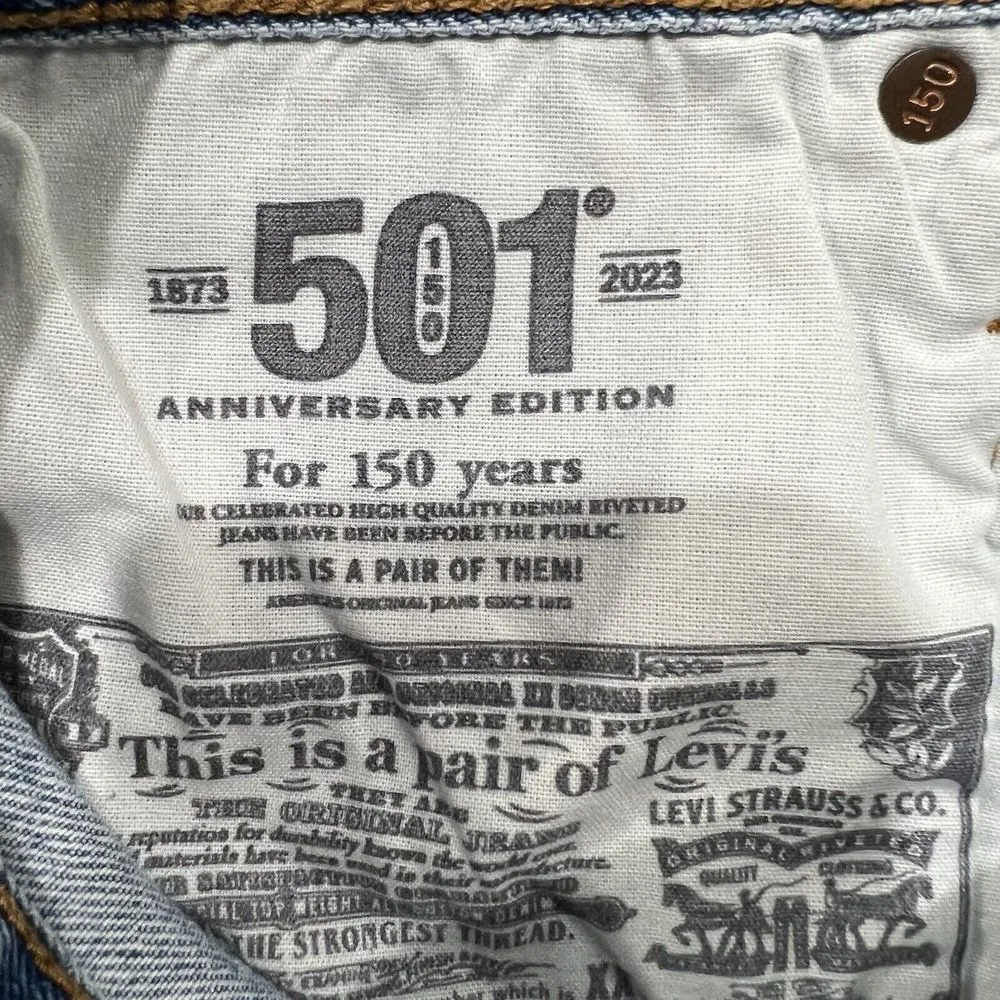 Levis Size 27 501 150 Pieced Shorts Original High Rise Denim Distressed Blue - Image 8